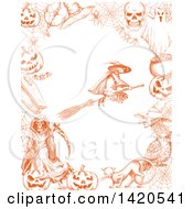 Poster, Art Print Of Sketched Orange Witch Flying On A Broomstick In A Border