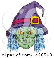 Clipart Of A Sketched And Color Filled Witch Face Royalty Free Vector Illustration