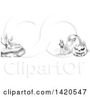 Poster, Art Print Of Header Website Banner Of A Sketched Halloween Pumpkin Rising Zombie Crow And Coffin