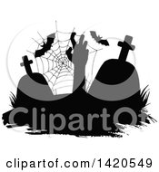 Poster, Art Print Of Black And White Silhouetted Spider Web Tombstones Bats And A Rising Zombie