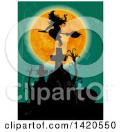 Poster, Art Print Of Silhouetted Witch Flying Against A Full Moon Over A Cemetery
