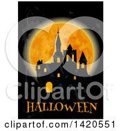 Clipart Of A Silhouetted Haunted Castle Against A Full Moon Over Halloween Text Royalty Free Vector Illustration