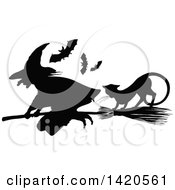 Black And White Silhouetted Cat Bats And Flying Witch