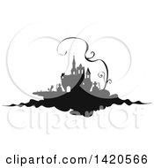Poster, Art Print Of Black And White Silhouetted Haunted Castle With A Cemetery And Vine