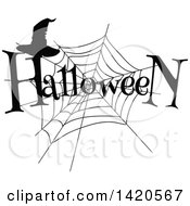 Poster, Art Print Of Black And White Silhouetted Spider Web Halloween Text And Witch Hat