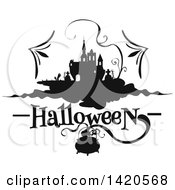 Clipart Of A Black And White Silhouetted Haunted Castle With A Cemetery And Vine Over Text And A Cauldron Royalty Free Vector Illustration