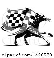 Clipart Of A Black And White Horse With A Checkered Racing Flag Mane Royalty Free Vector Illustration