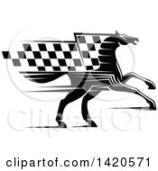 Poster, Art Print Of Black And White Horse With A Checkered Racing Flag Mane