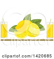 Poster, Art Print Of Lemons And Leaves With Glasses Of Juice Over A Brown Line