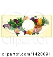 Poster, Art Print Of Blank Oval Banner Framed With Pomegranate Pears Pineapple Plums Grapes Peaches And Apricots On Beige