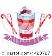 Clipart Of A Creamy Layered Berry Dessert With Fresh Berries And Candy Canes Over A Banner Royalty Free Vector Illustration