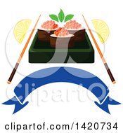 Poster, Art Print Of Sushi Rolls With Red Caviar Chopsticks And Lemon Wedges Over A Blank Banner