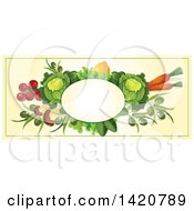Poster, Art Print Of Blank Oval Banner Framed With Beans Greens Cabbage Tomatoes Olives Lemon And Carrots On Beige