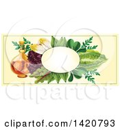 Poster, Art Print Of Blank Oval Banner Framed With Spicy Oil And Salad Green Leaves On Beige