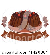 Clipart Of A Chocolate Cake Topped With Berries With Pieces Of Candy Over A Banner Royalty Free Vector Illustration