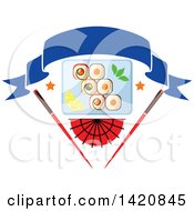 Poster, Art Print Of Plate Of Sushi Rolls Wasabi And Lemon Slices Over A Fan And Chopsticks With A Blank Banner