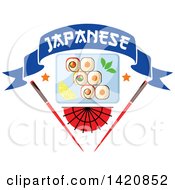 Poster, Art Print Of Plate Of Sushi Rolls Wasabi And Lemon Slices Over A Fan And Chopsticks With A Text Banner