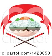 Poster, Art Print Of Bowl Of Rice With Salmon Fish Sashimi Over Crossed Chopsticks Under A Red Banner
