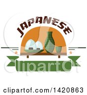 Clipart Of Bowls Of Sticky Rice Served With Sake On A Wooden Table With Text Over A Green Banner Royalty Free Vector Illustration
