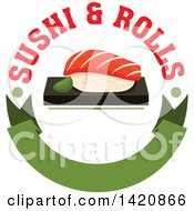 Poster, Art Print Of Sushi Over A Green Banner With Text