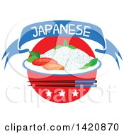 Poster, Art Print Of Japanese Flag Steamed Rice Seafood Sashimi Chopsticks Stars And Text Ribbon Banner
