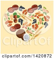 Poster, Art Print Of Heart Made Of Wheat Seeds Nuts And Coconut Over Yellow