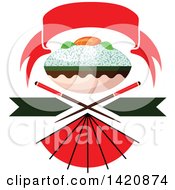Bowl Of Rice With Salmon Fish Sashimi Over Crossed Chopsticks Under A Red Banner With A Fan