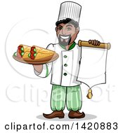 Poster, Art Print Of Cartoon Happy Arabian Male Chef Holding A Menu And Kebabs Rolled In Pita Bread