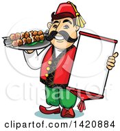 Cartoon Happy Male Turk Chef Holding A Menu And Shashlik Kebabs