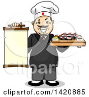 Poster, Art Print Of Cartoon Happy Male Japanese Chef Holding A Menu And Tray Of Sushi Rolls