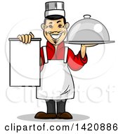 Poster, Art Print Of Cartoon Happy Asian Male Chef Holding A Menu And Cloche Platter