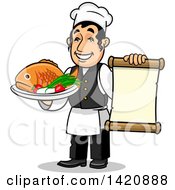 Poster, Art Print Of Cartoon Happy Male Chef Holding A Menu And A Fish Dish