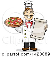 Poster, Art Print Of Cartoon Happy Male Chef Holding A Menu And Pizza