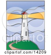 Path Leading To A White Lighthouse With A Bright Beacon Clipart Illustration