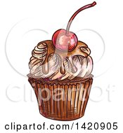 Poster, Art Print Of Sketched And Color Filled Cupcake Garnished With A Cherry