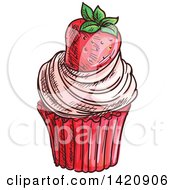 Poster, Art Print Of Sketched And Color Filled Cupcake Garnished With A Strawberry