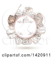 Poster, Art Print Of Sketched Circular Frame With Cakes Waffles And Cupcakes With A Shadow