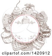 Poster, Art Print Of Sketched Circular Frame With Cakes Waffles And Cupcakes