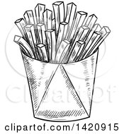 Fast Food Clipart Of A Black And White Sketched Container Of French Fries Royalty Free Vector Illustration