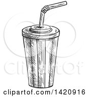 Fast Food Clipart Of A Black And White Sketched Fountain Soda Royalty Free Vector Illustration