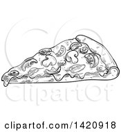 Fast Food Clipart Of A Black And White Sketched Slice Of Supreme Pizza Royalty Free Vector Illustration