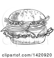 Fast Food Clipart Of A Black And White Sketched Cheeseburger Royalty Free Vector Illustration