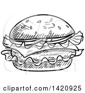 Fast Food Clipart Of A Black And White Sketched Cheeseburger Royalty Free Vector Illustration