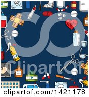 Clipart Of A Border Of Sketched Medical Icons Around Dark Blue Royalty Free Vector Illustration