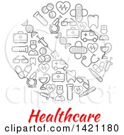 Poster, Art Print Of Round Rx Pill Made Of Gray Medical Icons Over Healthcare Text
