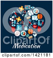 Poster, Art Print Of Round Rx Pill Made Of Flat Style Medical Icons Over Medication Text On Blue