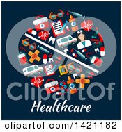 Round Rx Pill Made Of Flat Style Medical Icons Over Healthcare Text On Blue