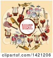 Poster, Art Print Of Music Circle Surrounded By Instruments On Tan