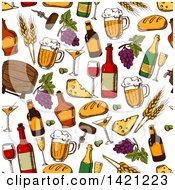 Clipart Of A Seamless Pattern Background Of Wine Cheese Beer And Grapes Royalty Free Vector Illustration
