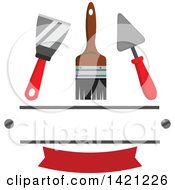 Clipart Of A Spatula Paintbrush And Trowel Over A Red Banner And Text Space Royalty Free Vector Illustration